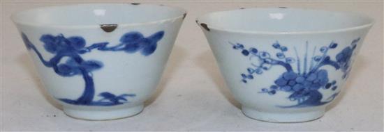 Two Chinese blue and white bowls, Transitional period, c.1640, diameter 9.5cm, old rim repairs